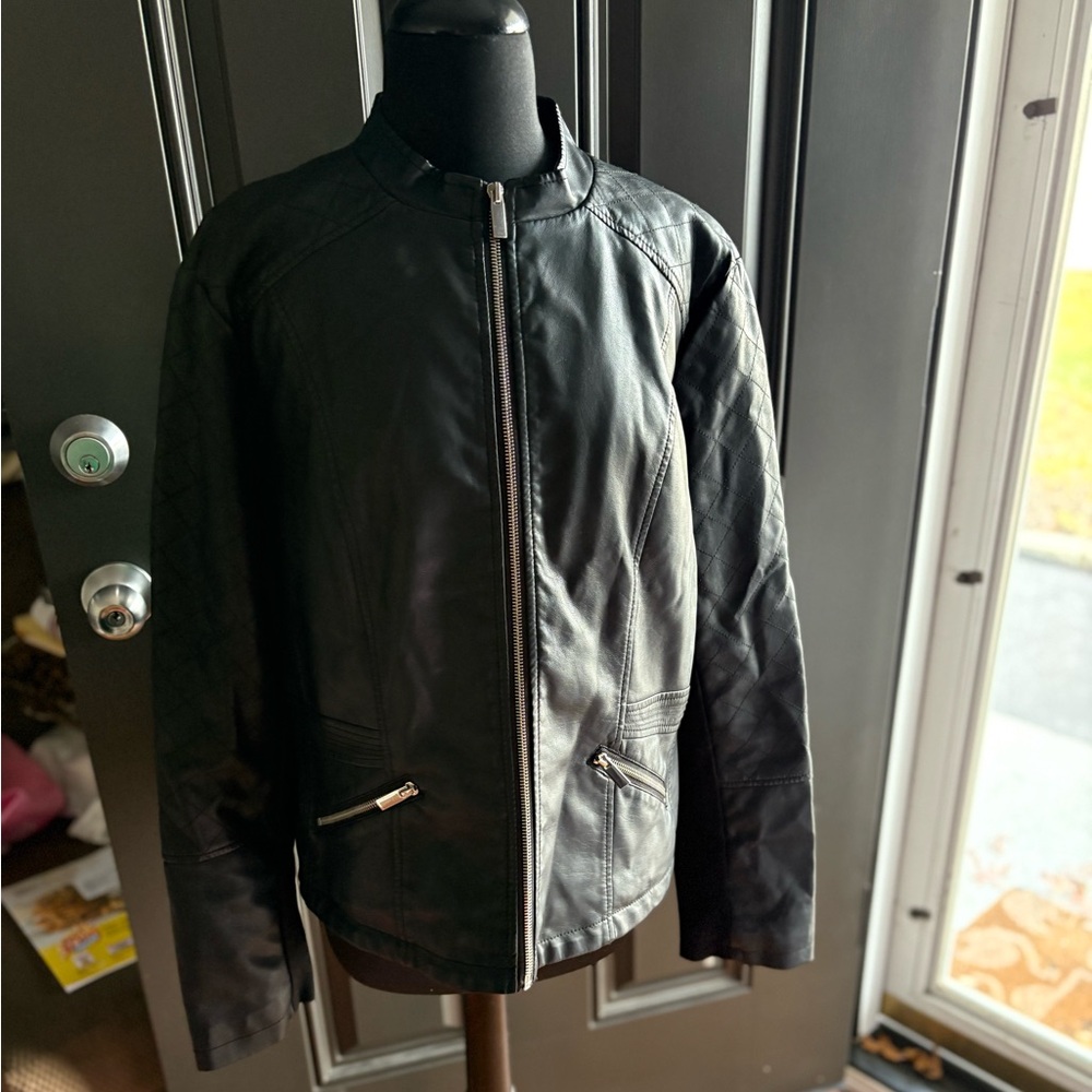 Zipper detail black vegan leather jacket zip arms coat